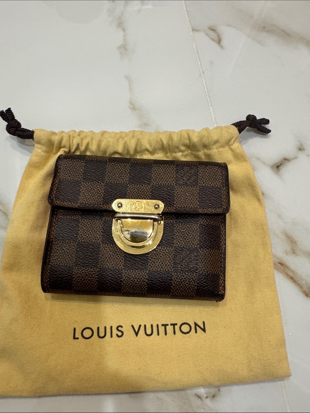 Louis Vuitton Damier Ebene Small Flap Wallet with Gold-Tone Lock